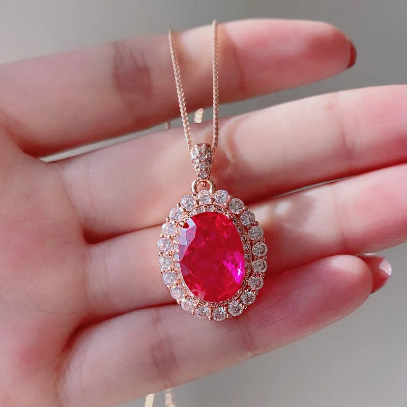 Gemfiori Luxury Oval Cut Ruby Jewelry Set Double Halo CZ Pendant Necklace Ring Stud Earrings Vintage Royal Red Gemstone Weddings Jewelry