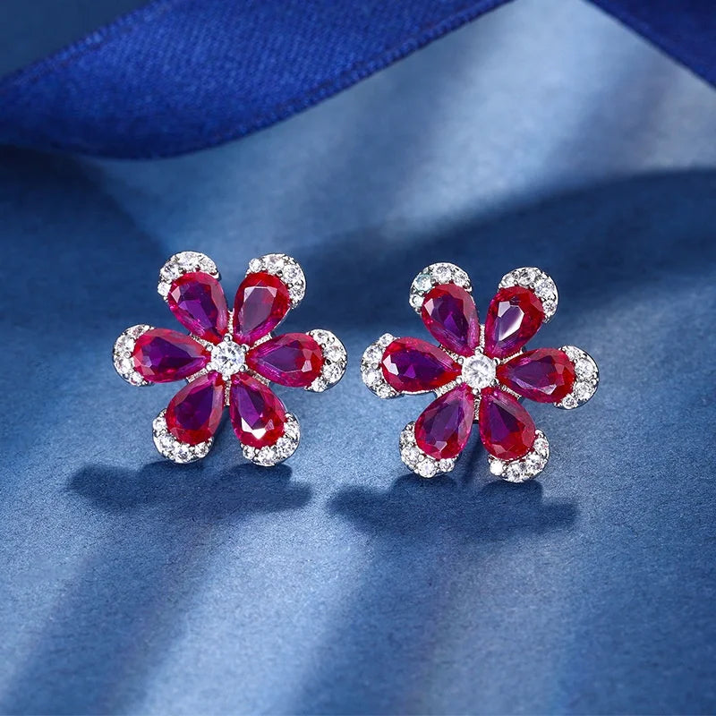 Gemfiori New Luxury Double Layer Flower Design Jewelry Set Pink Ruby Lab Diamond Pendant Necklace Earrings Ring Leather Bracelet 4 Pieces