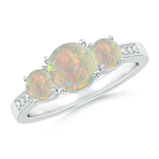 14k Solid Gold 7mm & 4mm 2.20 Ctw Round Cut Opal With pave Accent Diamond Ring Three Stone Prong Sett Trilogy Ring Fine Jewelry