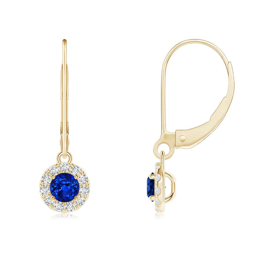 14Kt Yellow Gold Natural Blue Sapphire Diamond Halo Drop Earrings Round Sapphire Dangle Fine Jewelry Gift for Women Gift for Her