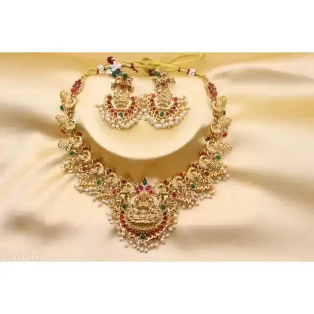 LATEST LAXMI TRADITIONAL SOUTH INDIAN TEMPLE GOLD PLATED CROWN CHOKER NECKLACE SET Bezel Set Stones Third Party Certified