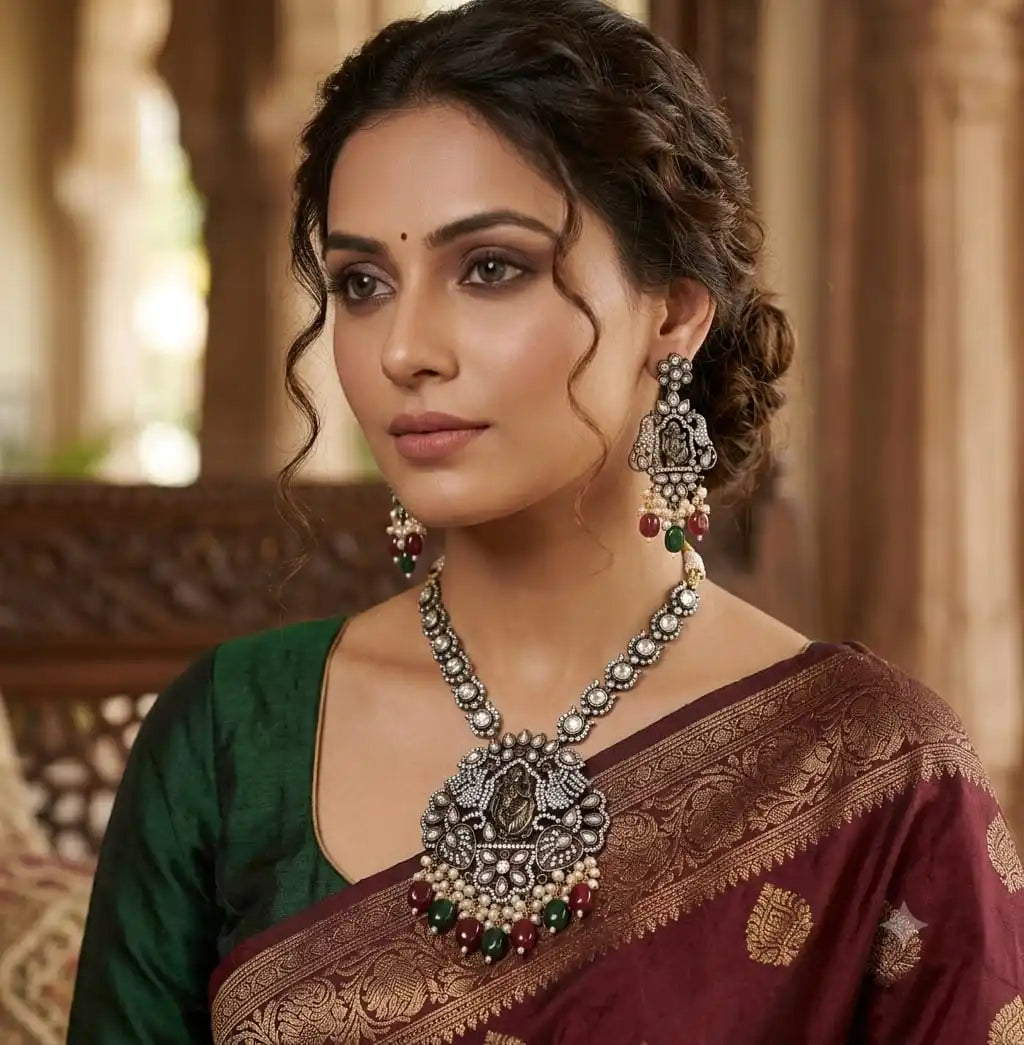 Luxury Ethnic Wedding Brass CZ Oxidized AD Temple Necklace Set Matching Earrings Traditional Goddess Pendant Antique Silver