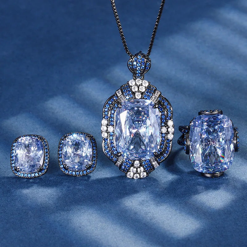 Gemfiori Luxury Black Rhodium Plated Jewelry Set Cushion Cut Simulated Blue Halo Vintage Dark Zircon Pendant Necklaces Ring Stud Earring
