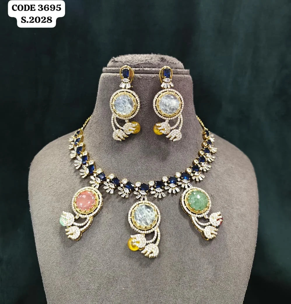 Elegant Sapphire Blue & Multi-Color Gemstone AD Accented Necklace Set Sapphire Blue Navette & Multi-Color Cabochon Stones