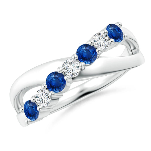 14K/18K Gold Natural Round Cut Blue Sapphire & White Diamond Ladies Crossover Shank Engagement Ring Custom Handmade Fine Jewelry