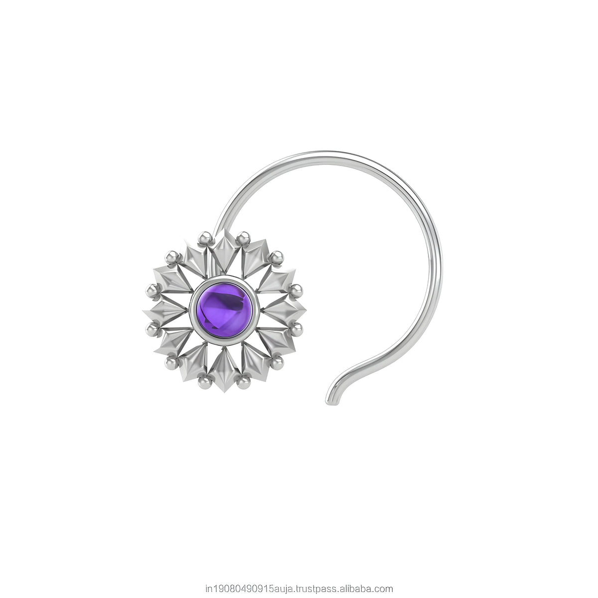 S&S 925 Silver Ethnic Flower Amethyst Nose Pin Stud | Indian Piercing Jewellery