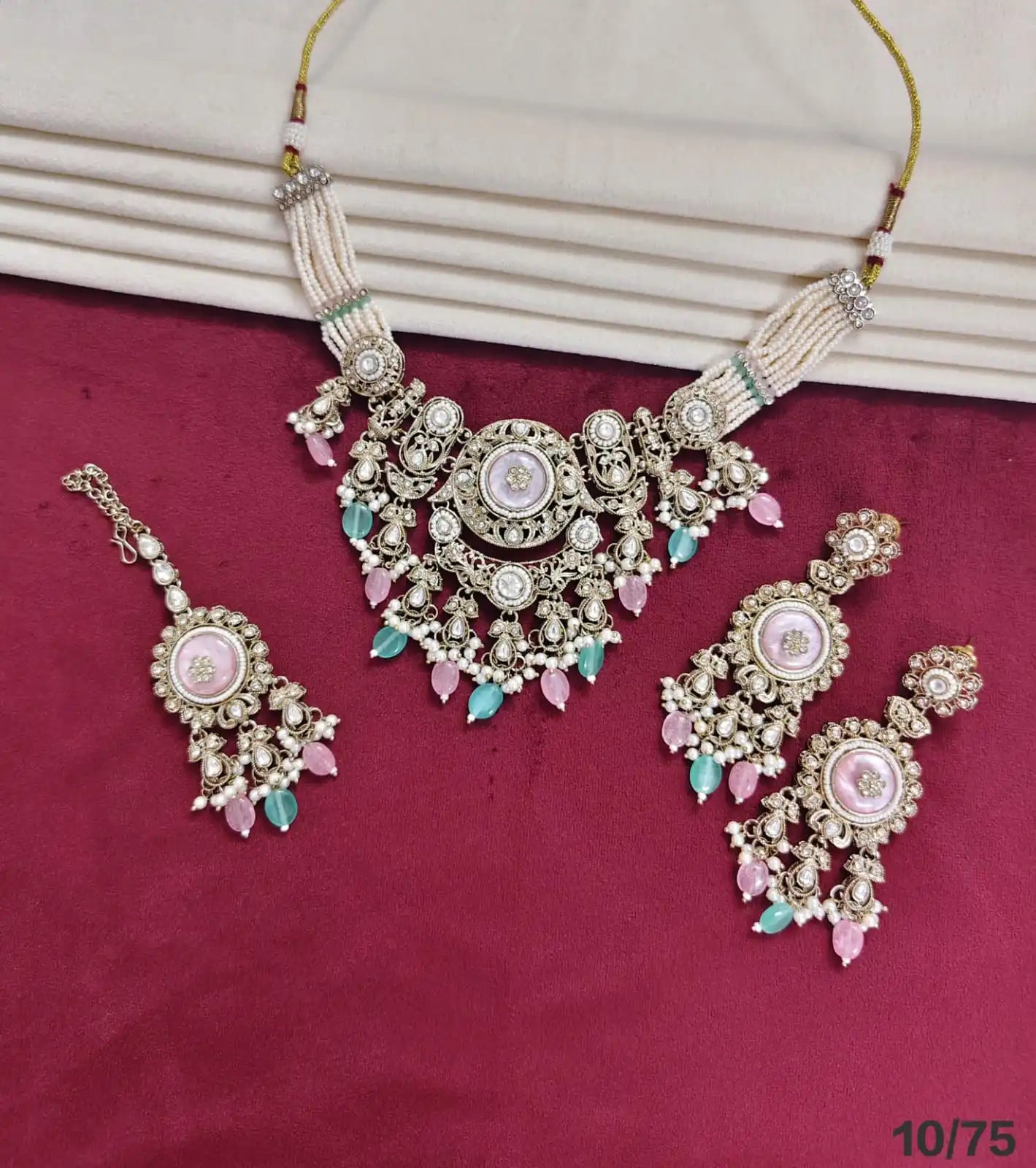 Luxury Oxidised Pearl Beaded Necklace Set with Aqua Blue Stones Designer Bridal Party Wear Jewelry Set with Earrings  for women