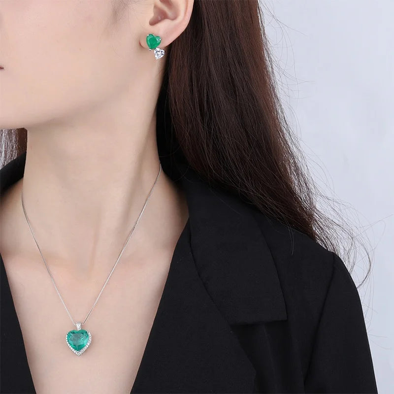 Gemfiori Luxury Colorful Crystal Heart Shaped Pendant Necklace Earring Jewelry Set for Women Valentines Day Wedding Romantic Jewelry Gift