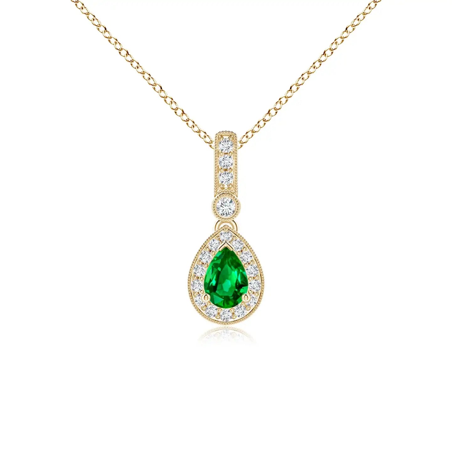 14K Solid Gold Natural Pear-Shaped Emerald Stone And Pave Diamond Halo Pendant Classic Fine Jewellery Anniversary Gift For Her