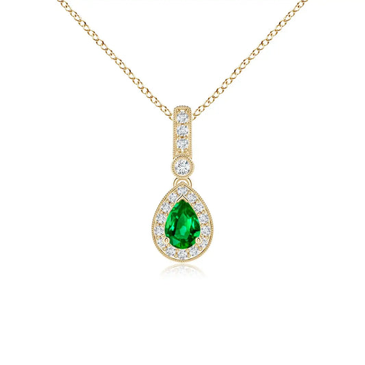 14K Solid Gold Natural Pear-Shaped Emerald Stone And Pave Diamond Halo Pendant Classic Fine Jewellery Anniversary Gift For Her