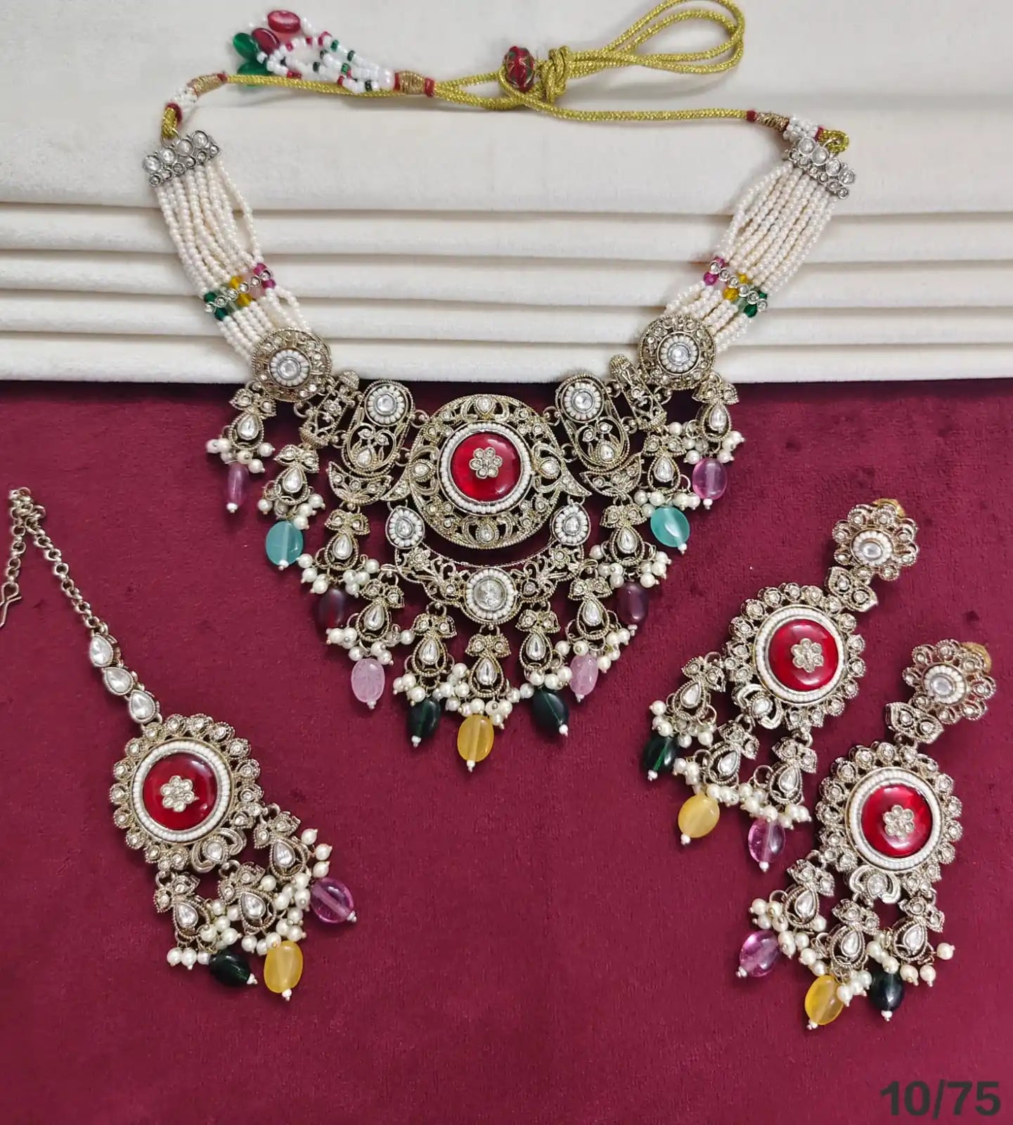 Luxury Oxidised Pearl Beaded Necklace Set with Aqua Blue Stones Designer Bridal Party Wear Jewelry Set with Earrings  for women