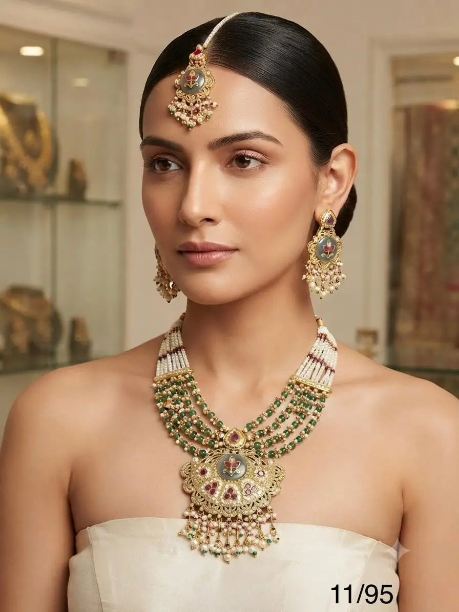Luxury Kundan Meenakari Bridal Necklace Set with Pearl Beads, Green Stones, Matching Earrings & Maang Tikka Gold Plated Set