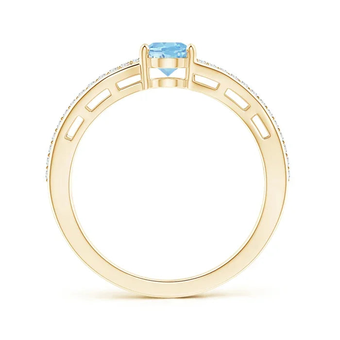 14K Gold Prong Set Oval Cut Solitaire Natural Aquamarine Bypass Ring with Diamond Accents Handmade Ready To Ship Engagement Ring