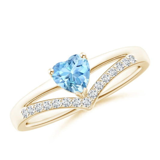 Top Quality Natural Heart Cut Aquamarine Gemstone With Pave Diamond Chevron Band Ring 14K Custom Handmade Wedding Ring For Her