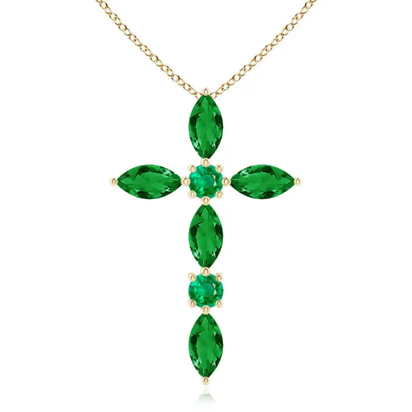 4.25G 14K 18K Gold Marquise & Round 0.78 Ctw Natural Green Emerald Studded Cross Charm Pendant Handmade Luxury Religious Pendant