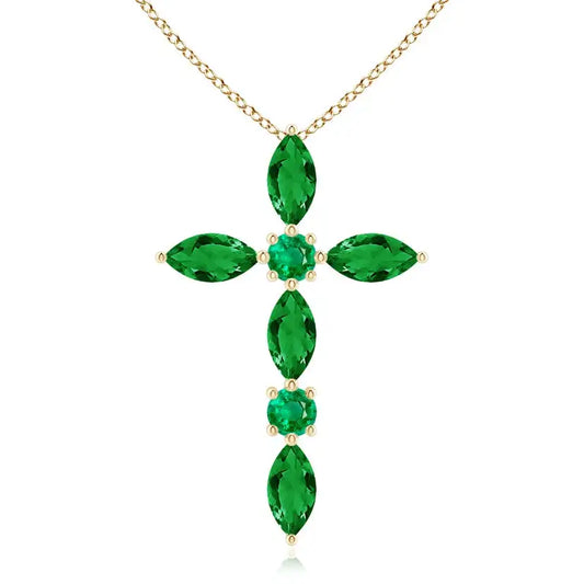 4.25G 14K 18K Gold Marquise & Round 0.78 Ctw Natural Green Emerald Studded Cross Charm Pendant Handmade Luxury Religious Pendant