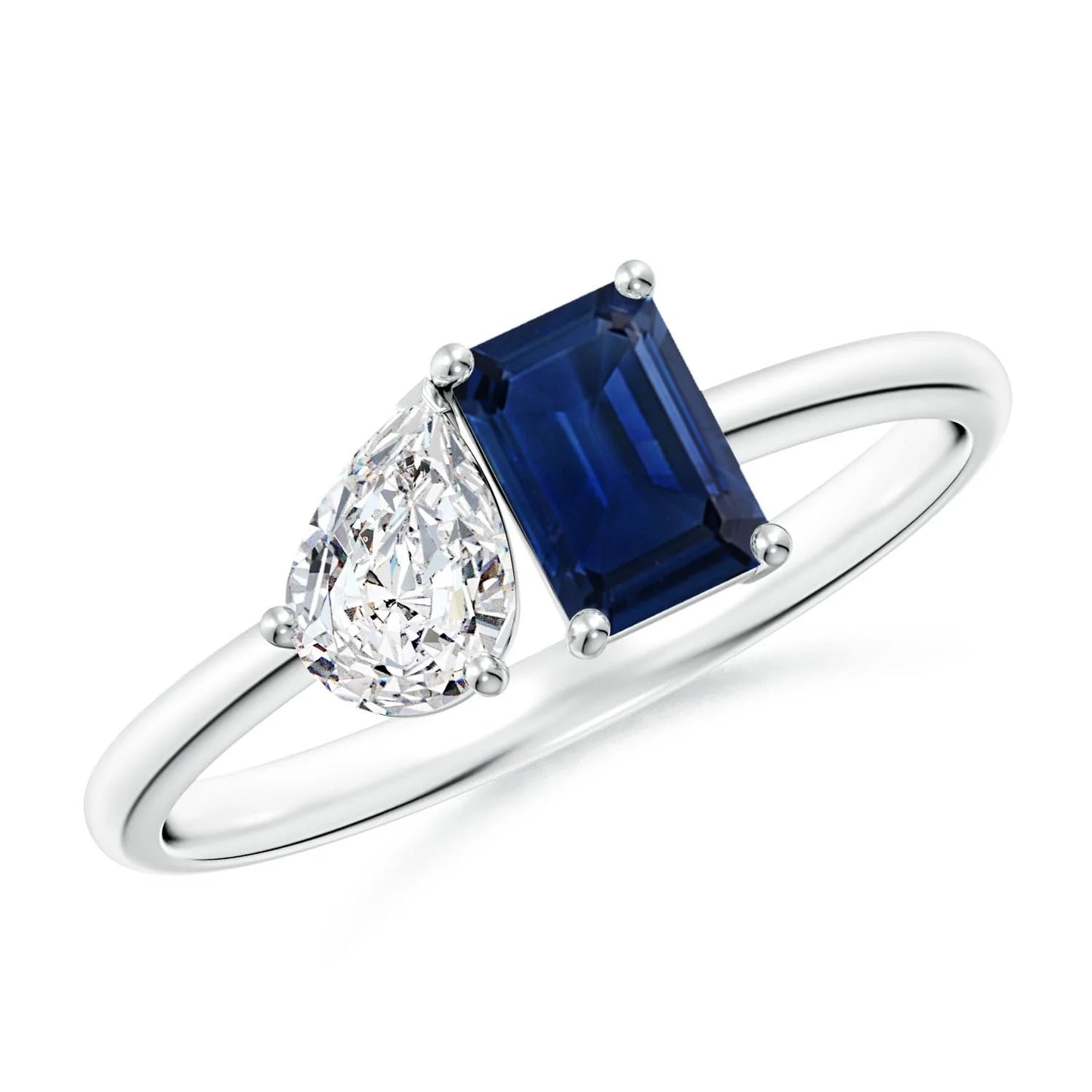 14k Gold Luxury Emerald Cut Blue Sapphire & Pear Diamond Two Stone Toi Moi Ring for Women Promise Engagement Ring Gift For Her