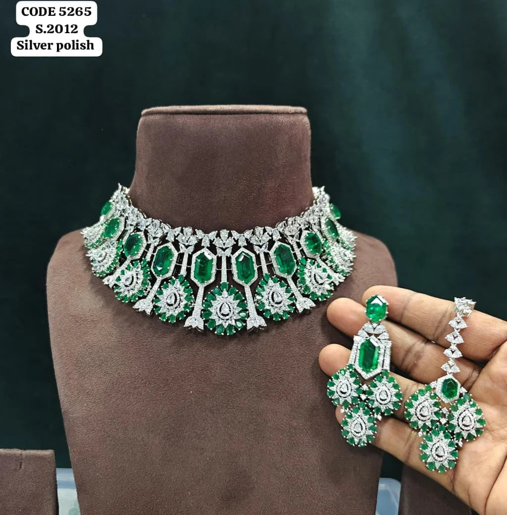 Luxury Silver Polish Ruby Emerald American Choker Necklace Set with Earrings & Maang Tikka Bridal Wedding Jewelry Set for Women