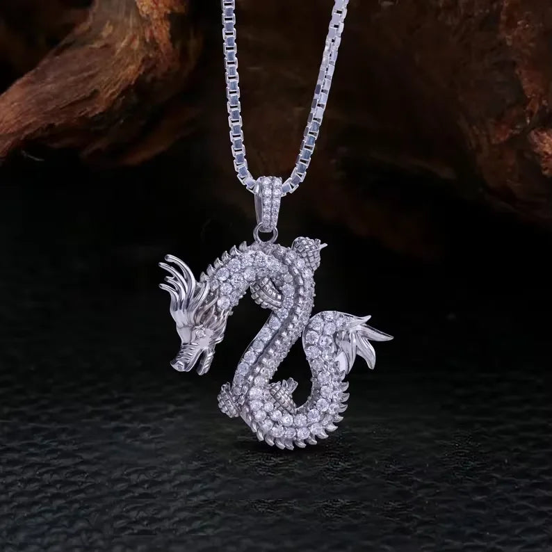 BiG-BOSS Iced Out Dragon Pendant for Men with Moissanite Stones in Luxury Hip Hop Silver Jewelry Style for Party