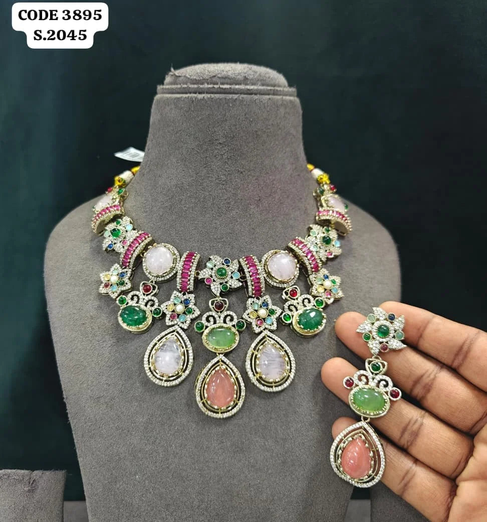 Luxury Antique Silver Finish Victorian Necklace Set with Green White Stones Designer Bridal Wedding Party Jewelry Set