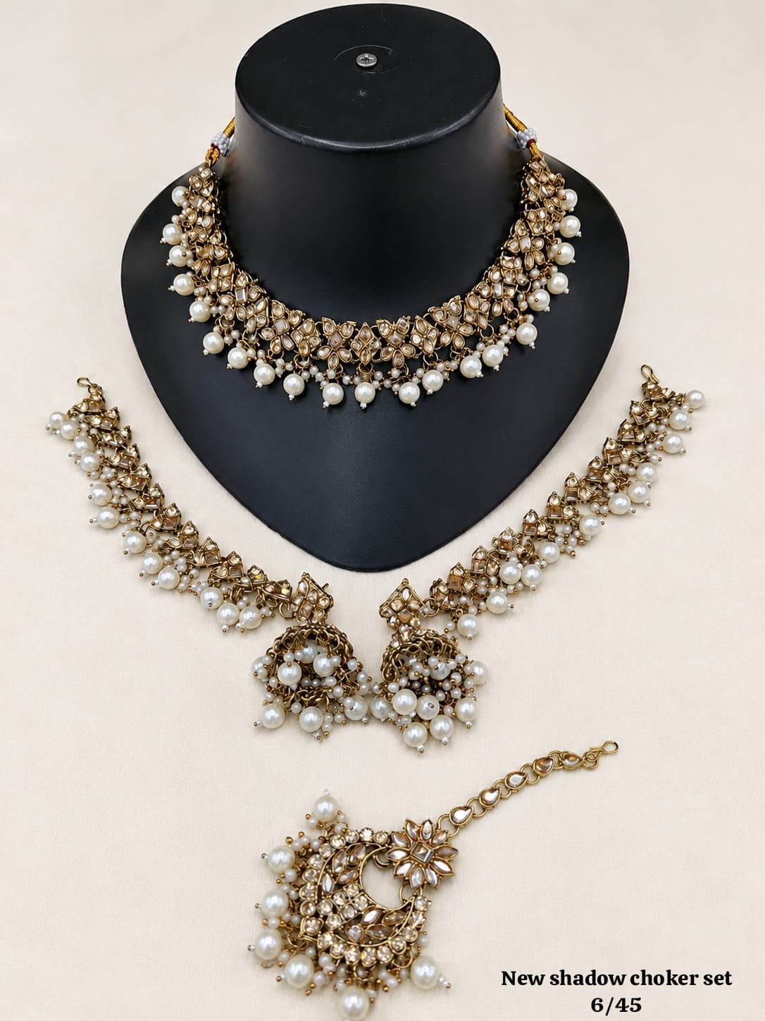 Indian Bridal Shadow Choker Necklace Set Gold Plated Kundan Style Jewellery with Matching Earrings Maang Tikka Set For Women