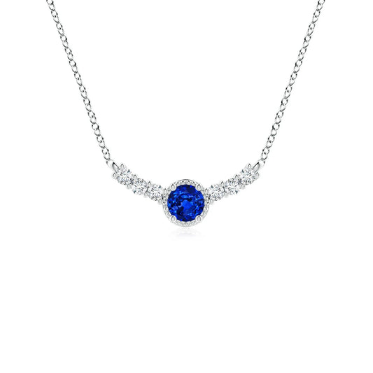 2.9G 14K Pure Gold Real Round 0.15Ctw Blue Sapphire With 0.11 Ct Diamond Curved Bar Pendant Vintage Inspired Top Quality Pendant