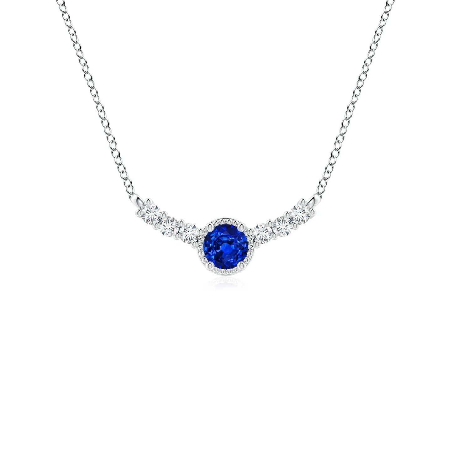 2.9G 14K Pure Gold Real Round 0.15Ctw Blue Sapphire With 0.11 Ct Diamond Curved Bar Pendant Vintage Inspired Top Quality Pendant