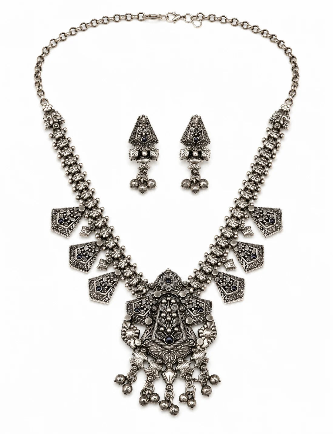 Gold Plated Oxidized Antique Silver Zircon Bezel Setting Necklace Earring Set Handmade Indian Bohemia Flower Engagement Party