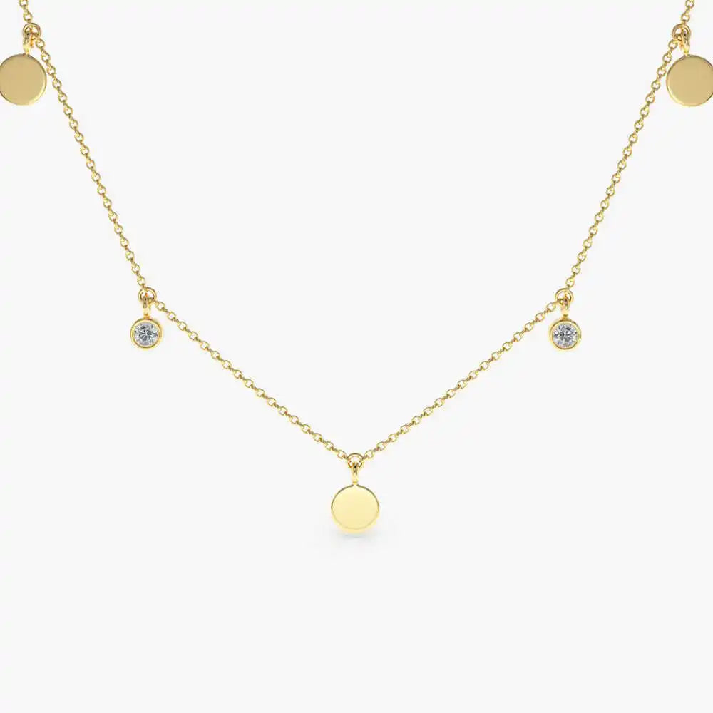 14K Solid Gold Natural Brilliant Cut 0.08Ct Diamond Dangling Dainty Disc Necklace Custom Made Bridal Wear Third Party Certified