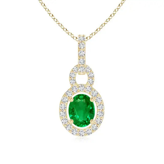 18K Pure Gold Floating Oval Cut Natural Green Emerald Pendant With Diamond Halo Sett IGI Certified Gemstone & Diamond Pendant