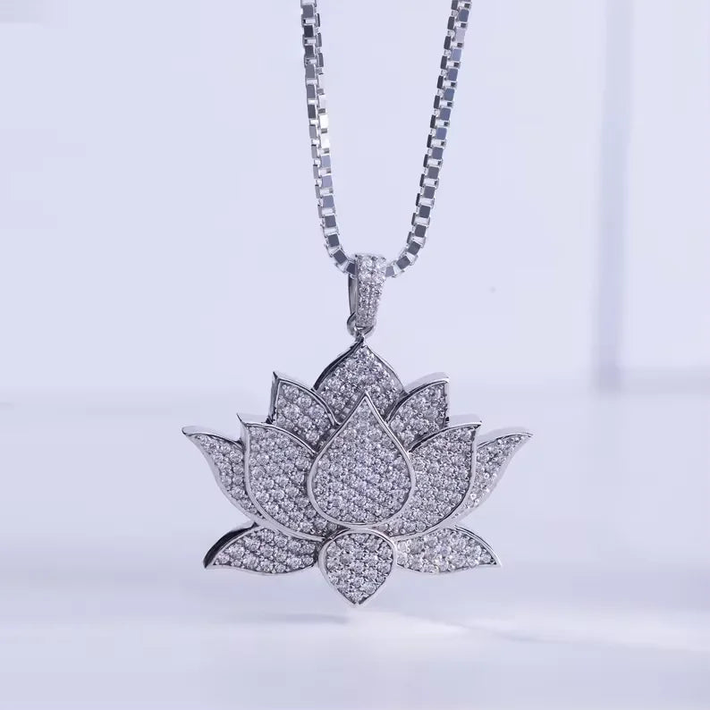 BiG-BOSS Iced Out Lotus Flower Men's Hip Hop Pendant with Moissanite Stones Luxury Jewelry for Party Occasions