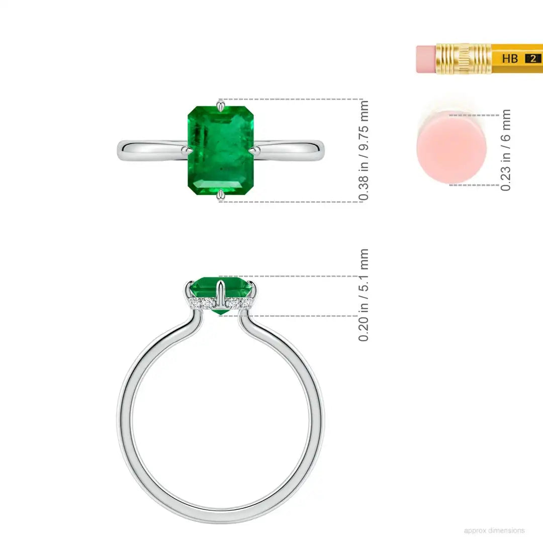 14K Solid Gold Solitaire Emerald-Cut Emerald Engagement Ring with Hidden Halo Handmade Customized Fine Jewelry Wedding