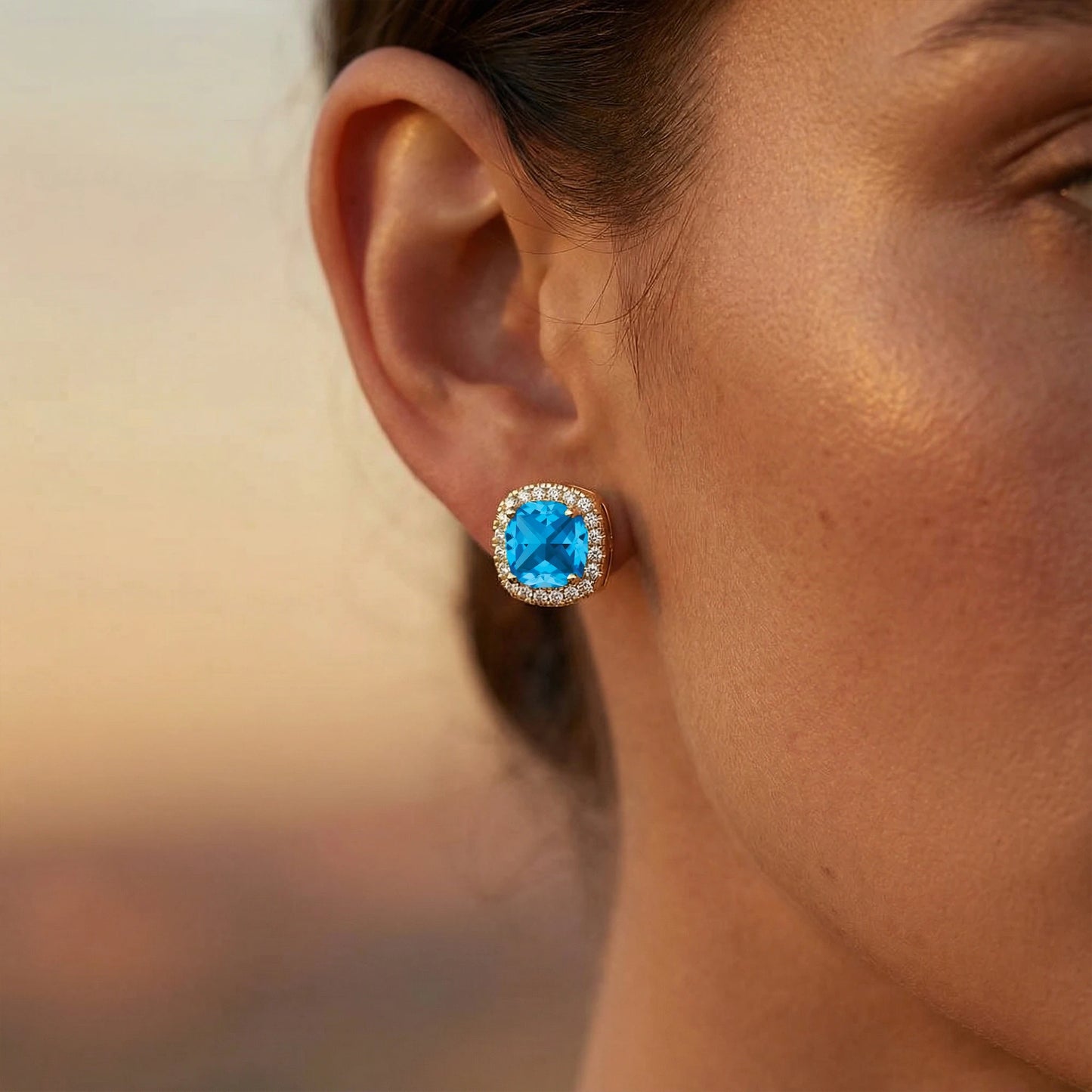 Swiss Blue Topaz Gemstone & Real Diamond Stud Earrings Cushion Cut Halo Design Rhodium Plated Solid Gold Stud Earrings For Women