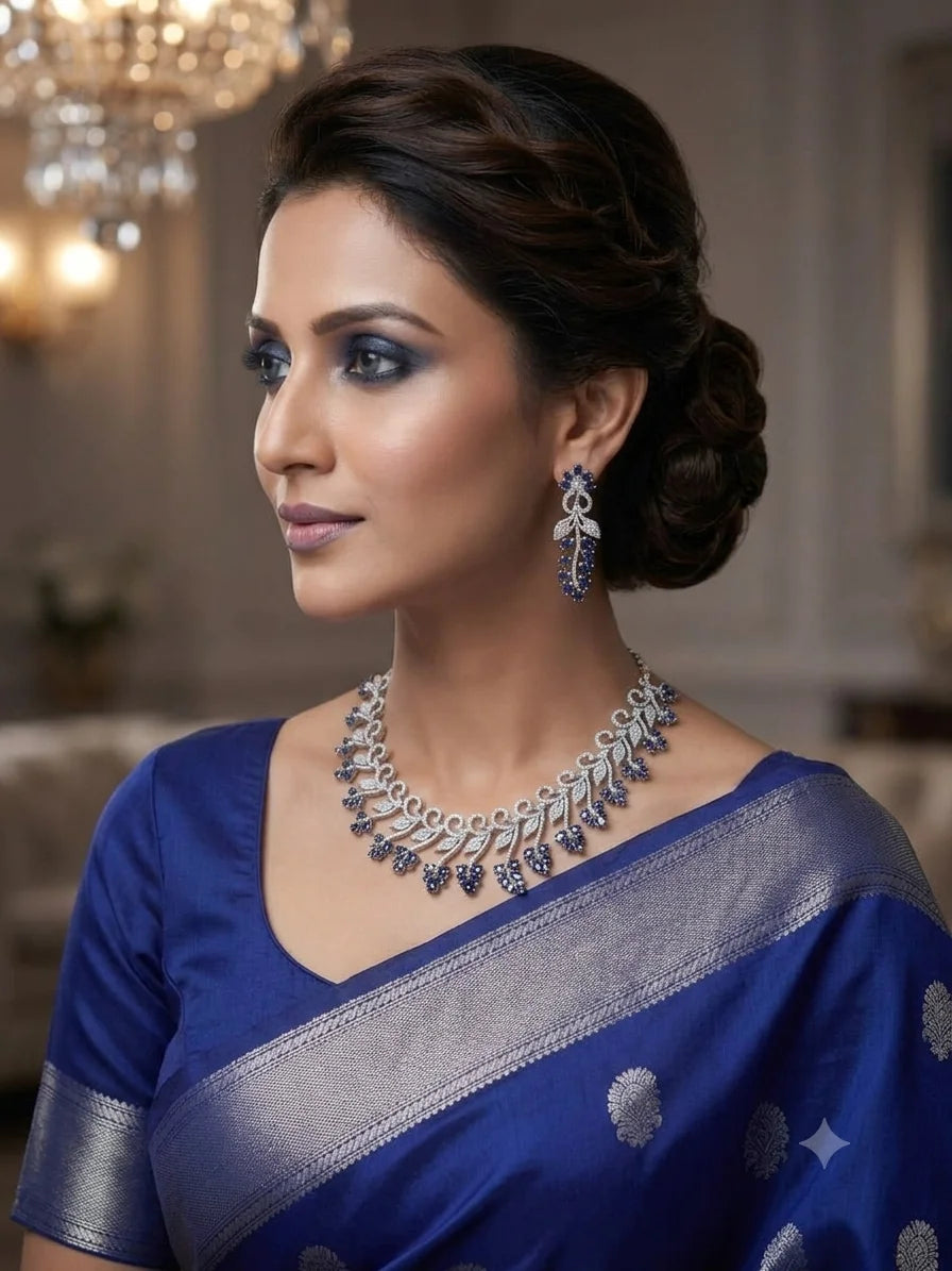 Elegant Sapphire Vine Necklace Set Luxury Blue Stone Bridal Wedding Party Jewelry Rhodium Plated Designer Set Women For Women