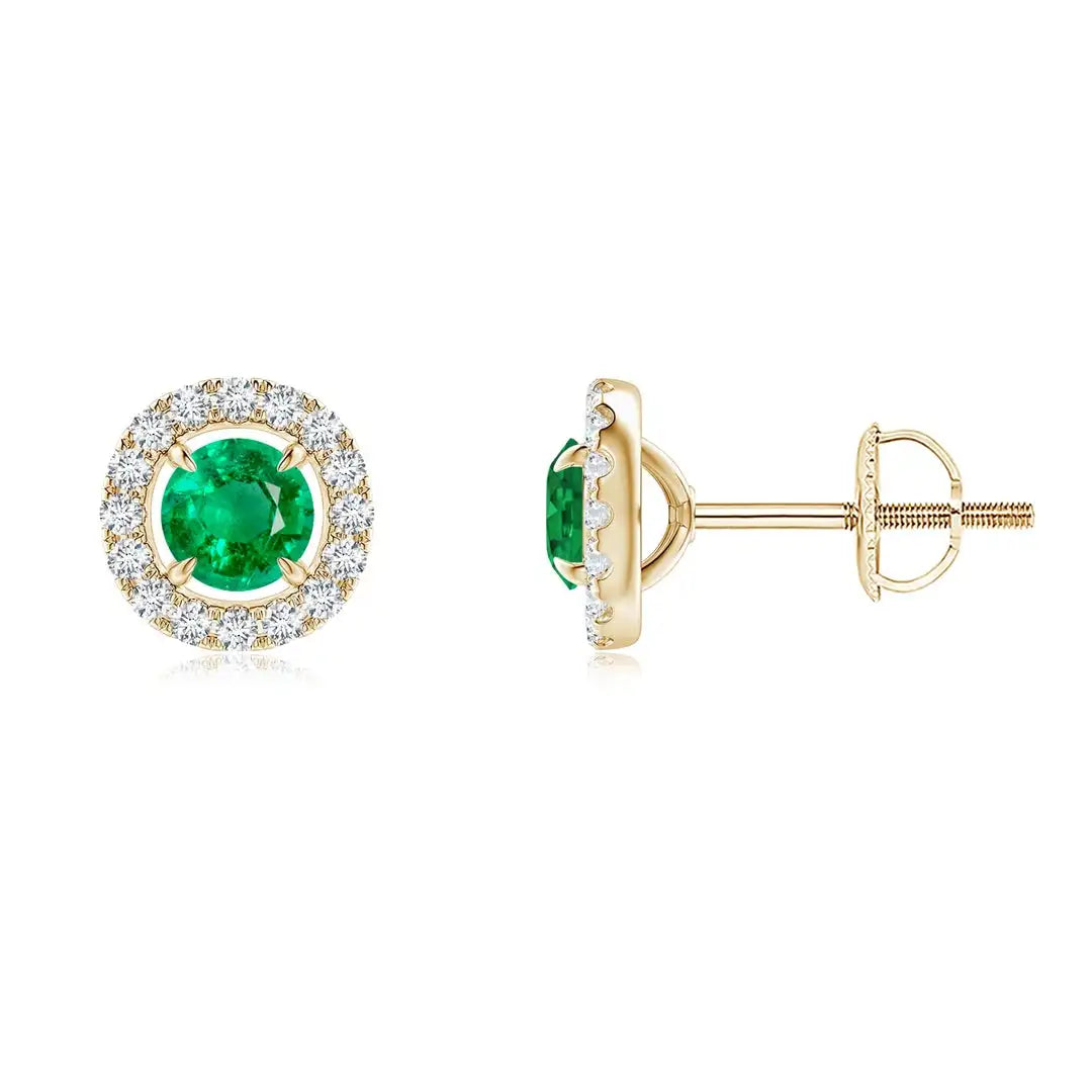 Green Emerald Stud Earrings in Halo Diamonds 14kt Yellow Gold with Minimalist Prong Setting Wedding Jewelry Gift for Fiance