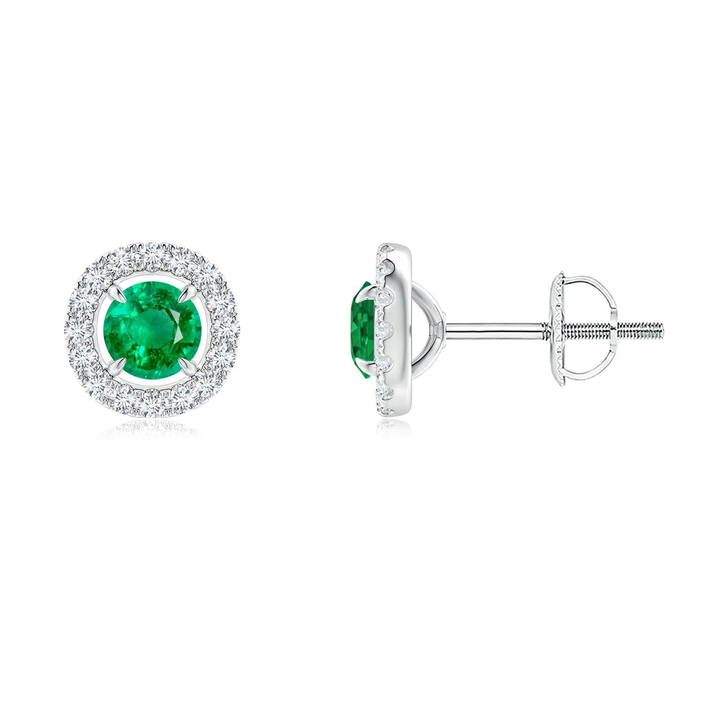 14kt White Gold Emerald Halo Stud Earrings, Natural Round Emerald Diamond Earrings, Screw Back Fine Jewelry for Women