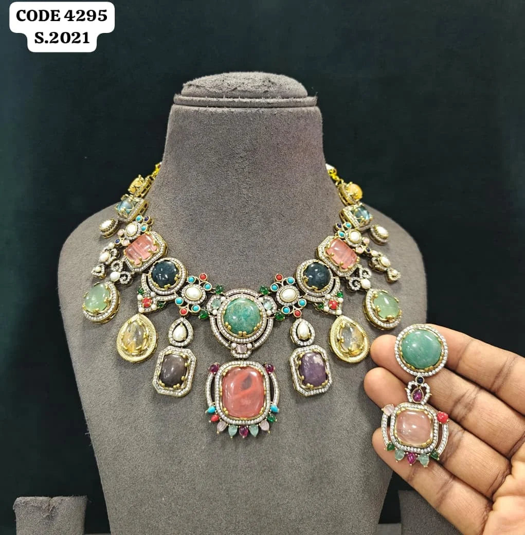 Elegant Multi-Color Gemstone & AD Accented Royal Statement Necklace Set Antique Gold Plated Necklace Bezel Setting Bridal Set