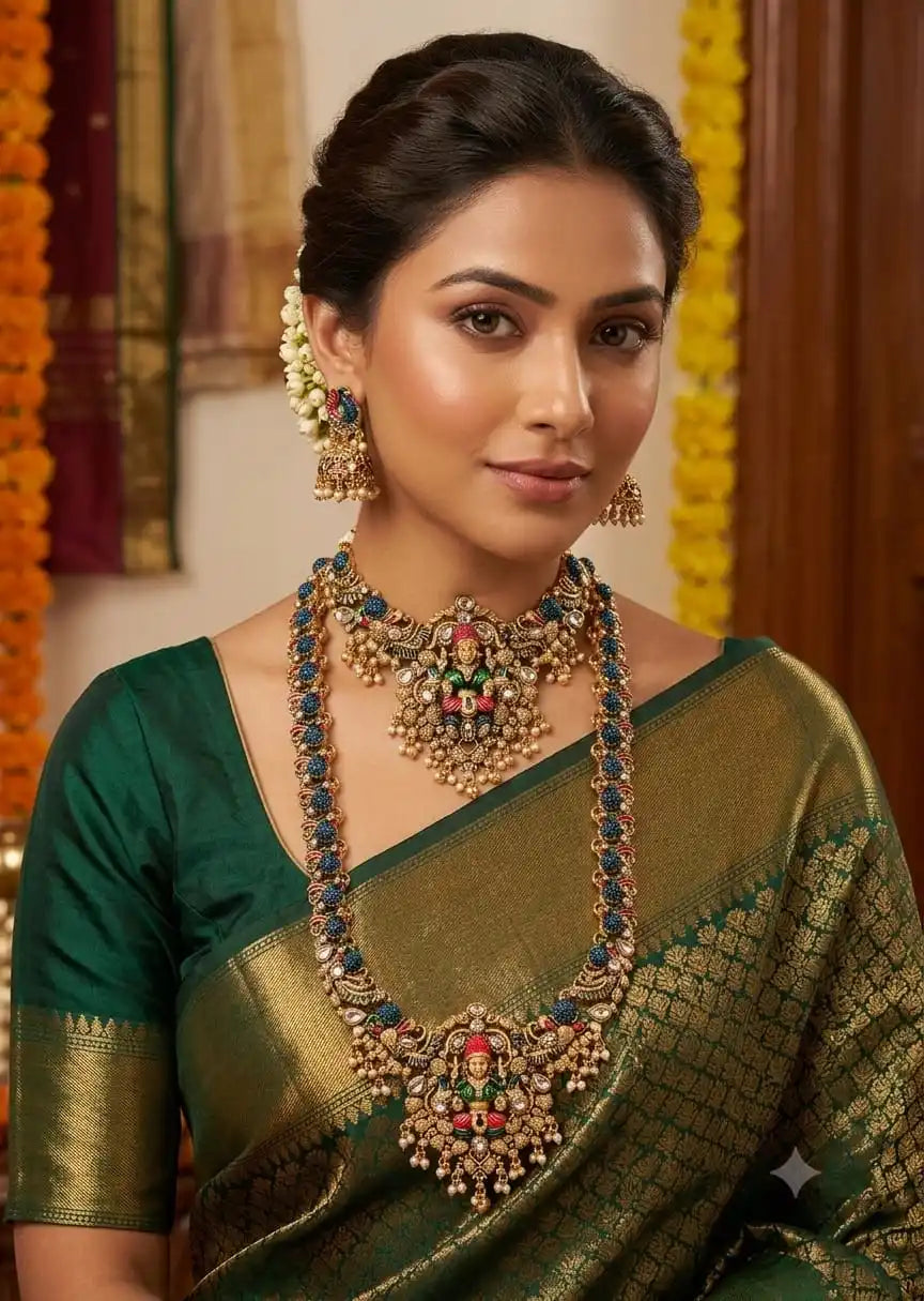 Luxury Temple Jewellery Lakshmi Bridal Necklace Set Antique Gold Plated Brass Wedding Long Haram Choker Set for Women Set