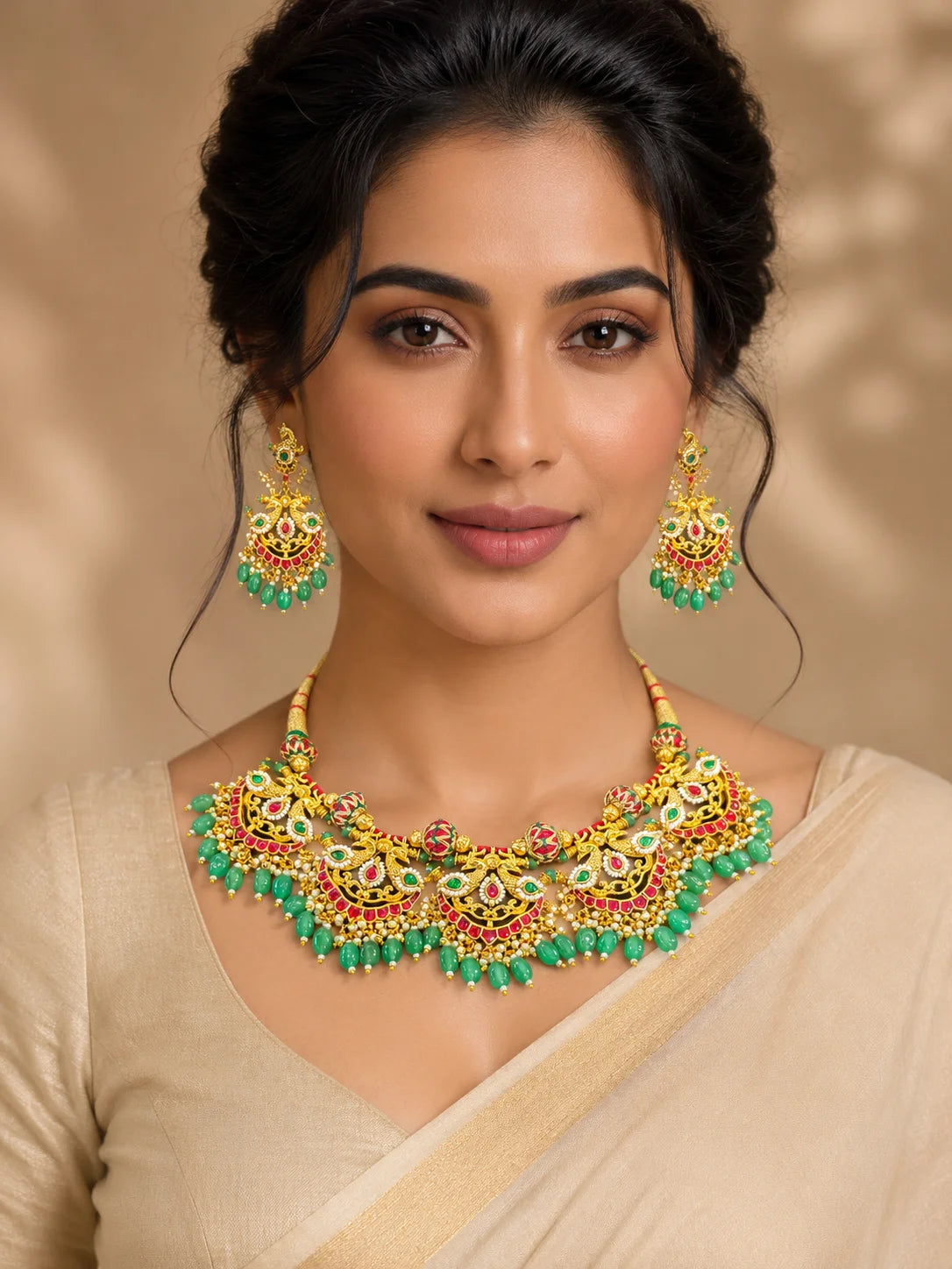 Gold Plated Ethnic Choker Necklace Set with Ruby and Green Stones Strand Tassel for Women Wedding Jewelry