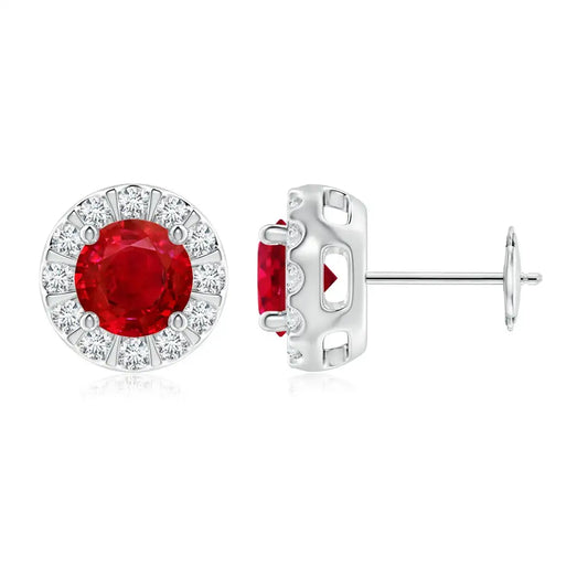 Natural Ruby Diamond Halo Stud Earrings in 14kt Yellow Gold Elegant July Birthstone Fine Jewelry for Women