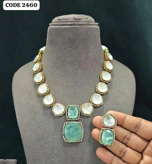 ELEGANZA Elegant Mint Green Cushion Cut Pendant Necklace Set Traditional Wedding Jewelry Statement Necklace Premium Designer Set