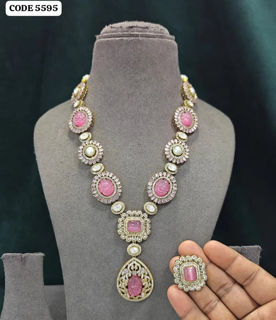 American diamond Green Stone Polki Necklace Set Gold Plated Bridal Wedding And Party Wear Ethnic Jewelry Set for Women Wholesale