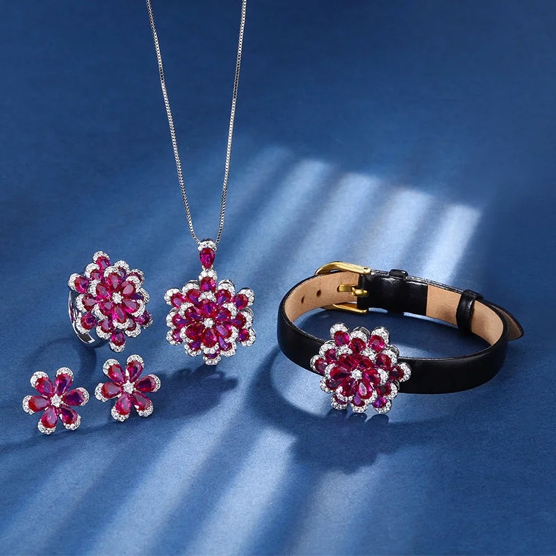 Gemfiori New Luxury Double Layer Flower Design Jewelry Set Pink Ruby Lab Diamond Pendant Necklace Earrings Ring Leather Bracelet 4 Pieces