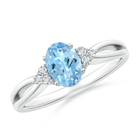 14k Solid Gold Antique Oval Cut 1.00 Carat Natural Aquamarine & Trio Diamond Engagement Ring for Women Split Shank Wedding Ring