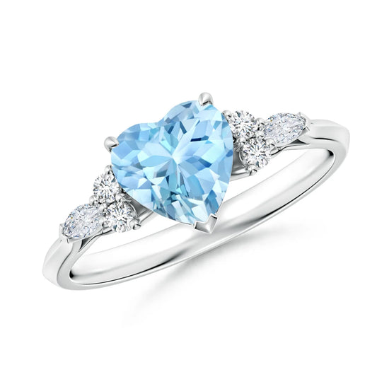 14k Solid Gold Heart Cut Natural Aquamarine Gemstone & Diamond Engagement Ring Handmade Customized Solitaire Ring For Woman