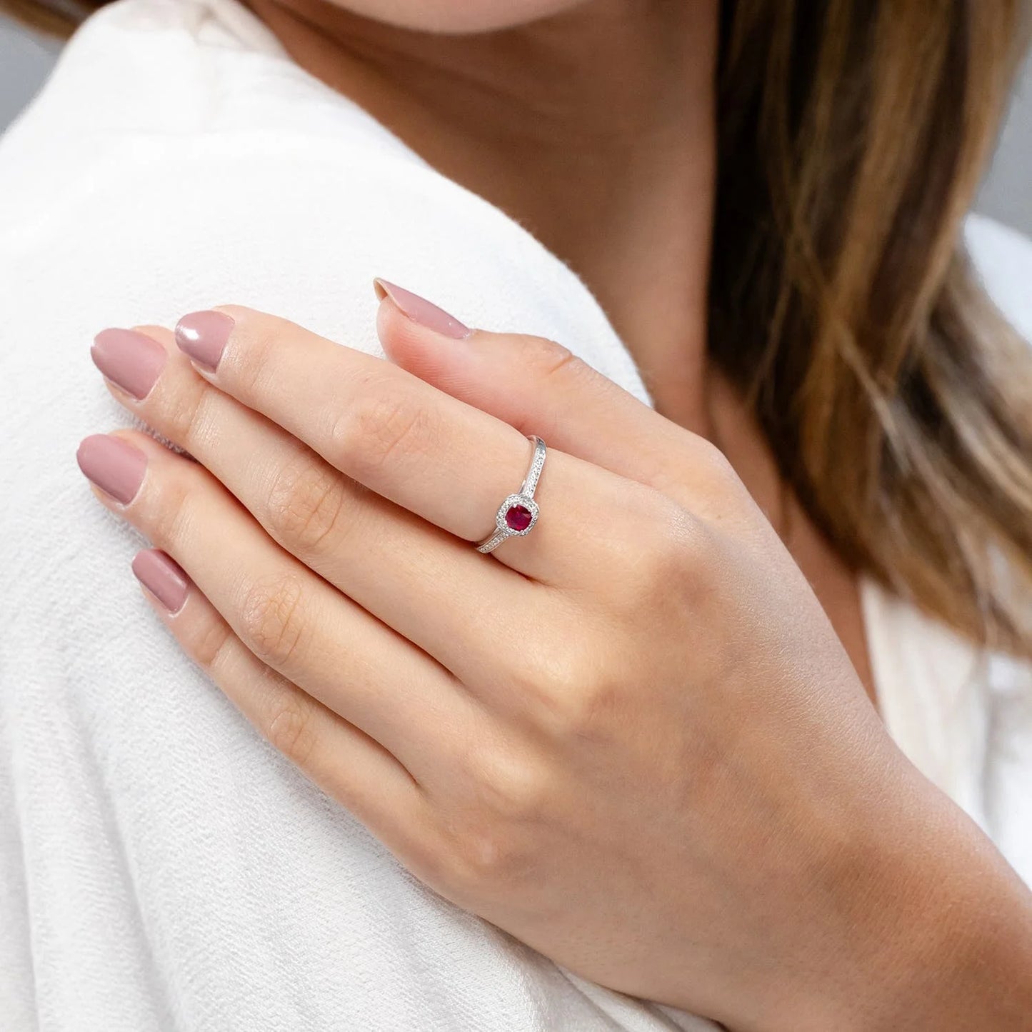 14K Solid Gold Classic Cushion Natural Ruby Engagement Ring with Halo Diamond Ruby Solitaire With Pave Accent Diamond Band Ring