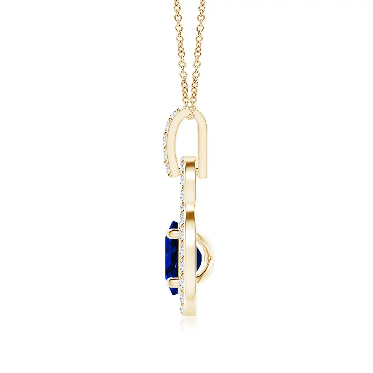 14K Gold Top Selling Floating 5x4MM Oval Cut Natural 0.3Ct Blue Sapphire Pendant With 0.14 Ct Diamond Halo Handmade Fine Jewelry