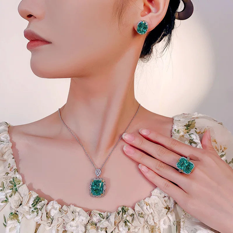 Gemfiori Luxury Vintage Gothic Royal Blue Sapphire Jewelry Set Black Gold Plated Cushion Cut Blue Gem Halo Pendant Necklace Earrings Ring