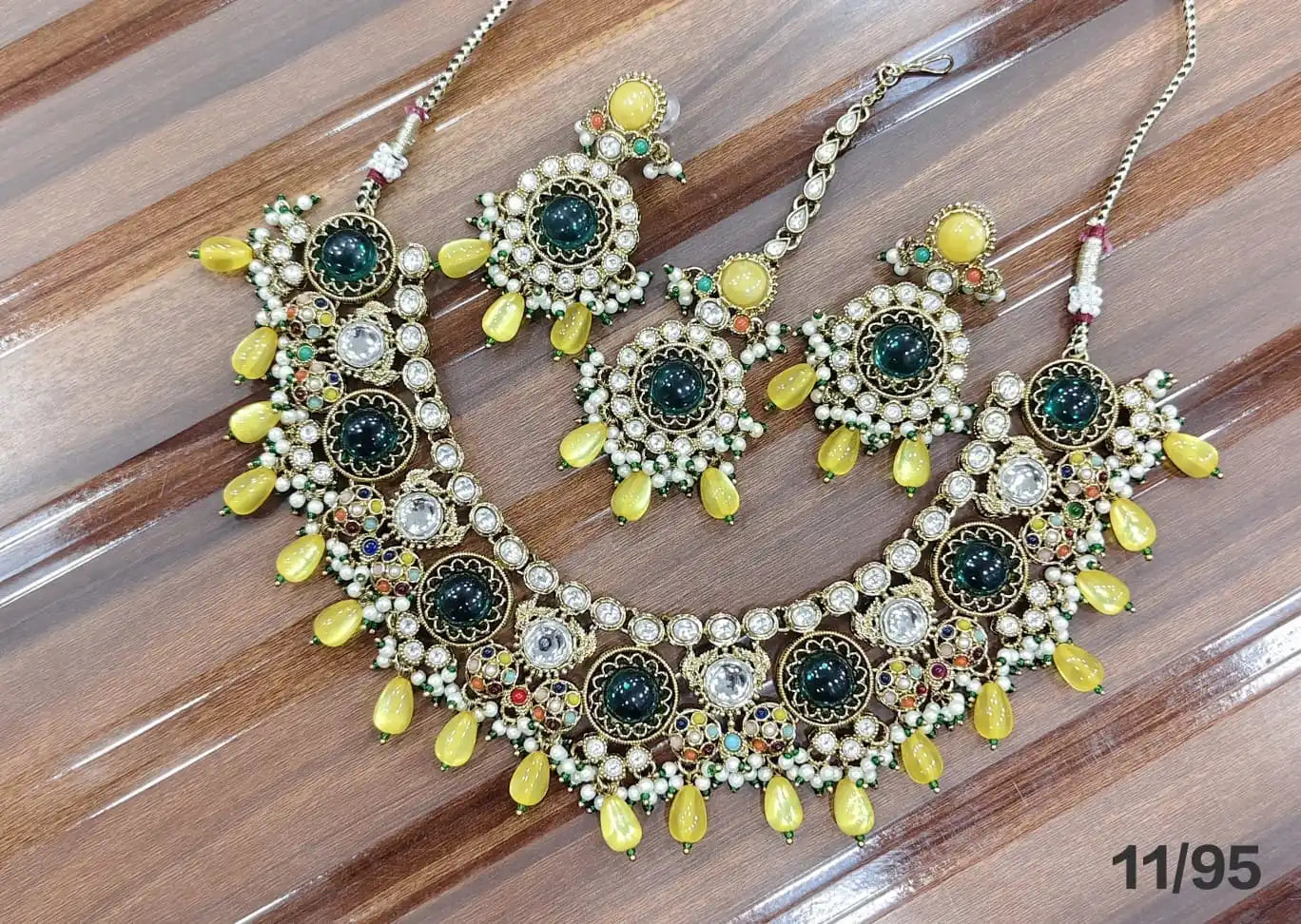 Luxury Antique Gold Plated Kundan Necklace Set with Ruby Mint Green Beads, Earrings, Maang Tikka Bridal Wedding Jewelry Set