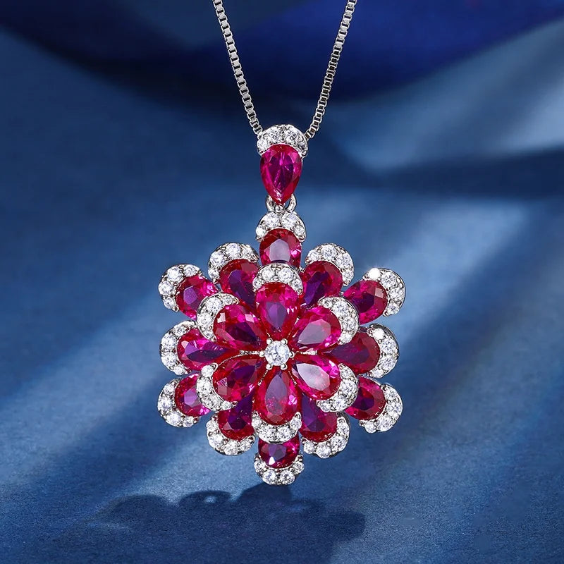 Gemfiori New Luxury Double Layer Flower Design Jewelry Set Pink Ruby Lab Diamond Pendant Necklace Earrings Ring Leather Bracelet 4 Pieces